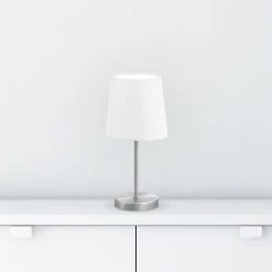 B.K.Licht Lampe De Table Design Moderne, Tissu Blanc, Pied Métal Nickel Mat, Pour Ampoule LED E14, IP20 -Lampe Soldes Boutique 24113966 3