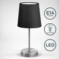 B.K.Licht Lampe De Table Design Moderne, Tissu Noir, Pied Métal Nickel Mat, Pour Ampoule LED E14, IP20