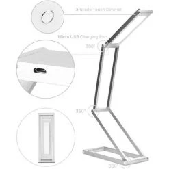 LANGRAY Lampe De Table LED En Aluminium Pliable - Table De Chevet à Batterie Lampe De Lecture Dimmable Cable De Chargement Micro USB - Lampe De Bureau à Batterie Lampe Pliante En Argent [classe énergétique A +] -Lampe Soldes Boutique 24397239 3