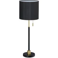 Relaxdays Lampe De Table Avec Interrupteur à Tirette, élégant Abat-jour De Nuit; Douille E27, HxD 69 X 24 Cm; Noir /doré