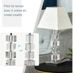 HOMCOM Lampe Style Cristal - Lampe De Table Design Contemporain - Ø 20 X 47H Cm - Abat-jour Polyester Blanc Beige - Blanc -Lampe Soldes Boutique 27323440 5
