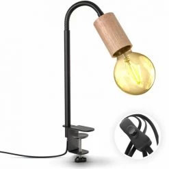 B.K.LICHT Lampe De Lecture Pivotante Avec Interrupteur à Câble I Borne à Vis I E27 I Lampe à Pince à 1 Flamme I Métal - Bois I Noir