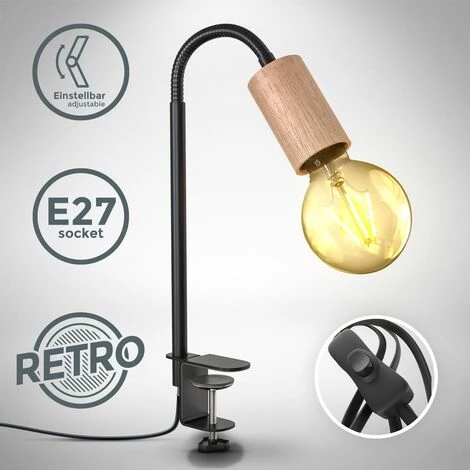 B.K.LICHT Lampe De Lecture Pivotante Avec Interrupteur à Câble I Borne à Vis I E27 I Lampe à Pince à 1 Flamme I Métal - Bois I Noir 2 B.K.LICHT Lampe De Lecture Pivotante Avec Interrupteur à Câble I Borne à Vis I E27 I Lampe à Pince à 1 Flamme I Métal - Bois I Noir – Image 2