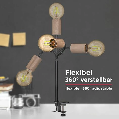 B.K.LICHT Lampe De Lecture Pivotante Avec Interrupteur à Câble I Borne à Vis I E27 I Lampe à Pince à 1 Flamme I Métal - Bois I Noir 5 B.K.LICHT Lampe De Lecture Pivotante Avec Interrupteur à Câble I Borne à Vis I E27 I Lampe à Pince à 1 Flamme I Métal - Bois I Noir – Image 5