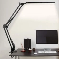 TRIOMPHE Lampe De Bureau LED, 10W Lampe De Table Architecte Pliable Avec Clamp, Bras Pivotant En Métal,Atténuation Et Température De Couleur Réglable (Noir)