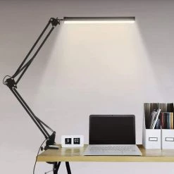 BEARSU Lampe De Bureau LED, 14W Lampe De Table Architecte Pliable Avec Pince, 10 Niveaux De Luminosité X 3 Modes De Couleur, Lampe De Table Réglable, Protection Des Yeux, 5V/2A CE Adaptateur Incluse