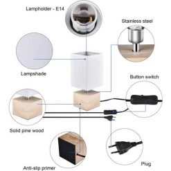 BEARSU Lampe De Chevet Decoration Moderne, [E14 Ampoule Inclus] Atmosphère Esthétique Lampe De Table Lecture Soin Pour Les Yeux En Bois Nature Eclairage De Chambre Salle (BLANC) -Lampe Soldes Boutique 37981916 3