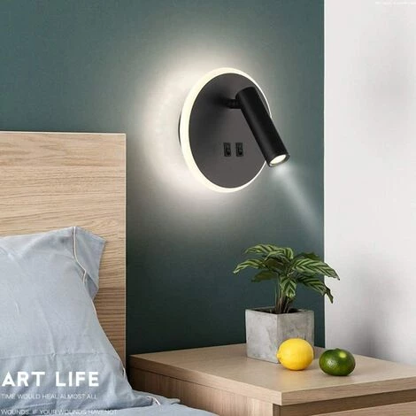 ABCRITAL Feux De Chevet Led Lampe Murale Hotel Intérieur Lumières Mural Lit Lampe Murale Couloir Avec Interrupteur Noir 3W + 9W (Rond) 2 ABCRITAL Feux De Chevet Led Lampe Murale Hotel Intérieur Lumières Mural Lit Lampe Murale Couloir Avec Interrupteur Noir 3W + 9W (Rond) – Image 2