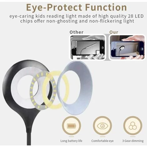 BEARSU Lampe De Bureau LED Sans Fil Rechargeable, Lampe De Lecture Pour Livre Avec 28 LEDs, 3 Couleur Et 3 Intensité Variable, Lampe Pince Pour Lit, Lampe De Chevet Tactile Pour Enfant, Noir 3 BEARSU Lampe De Bureau LED Sans Fil Rechargeable, Lampe De Lecture Pour Livre Avec 28 LEDs, 3 Couleur Et 3 Intensité Variable, Lampe Pince Pour Lit, Lampe De Chevet Tactile Pour Enfant, Noir – Image 3