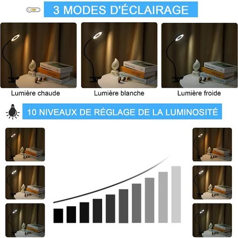 Lampe De Bureau Avec Clip Lumineux 48LED ,3 Modes D’éclairage Et 10 Niveaux De Luminosité Lampe Pince De Lecture Pour Livre,Irisfr(1pcs,le Noir) 3 Lampe De Bureau Avec Clip Lumineux 48LED ,3 Modes D’éclairage Et 10 Niveaux De Luminosité Lampe Pince De Lecture Pour Livre,Irisfr(1pcs,le Noir) – Image 3
