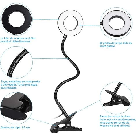 Lampe De Bureau Avec Clip Lumineux 48LED ,3 Modes D’éclairage Et 10 Niveaux De Luminosité Lampe Pince De Lecture Pour Livre,Irisfr(1pcs,le Noir) 4 Lampe De Bureau Avec Clip Lumineux 48LED ,3 Modes D’éclairage Et 10 Niveaux De Luminosité Lampe Pince De Lecture Pour Livre,Irisfr(1pcs,le Noir) – Image 4