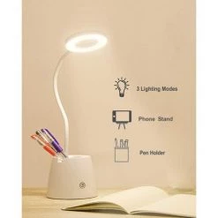 ELLE Lampe De Bureau, Lampe De Bureau Led Dimmable Avec 3 Modes D'éclairage, 2000mAh Rechargeable Lampe Bureau Enfant Avec Porte-stylo Et Support Téléphone, Protection Des Yeux Et Col De Cygne Flexible