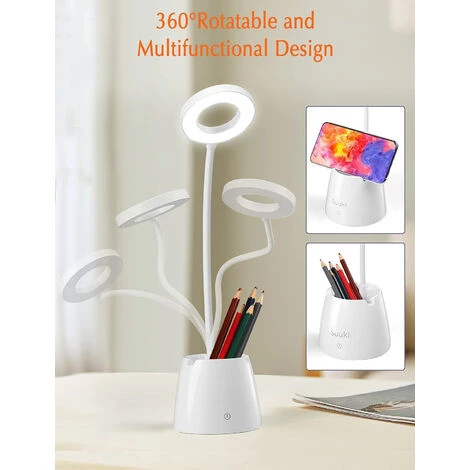 ELLE Lampe De Bureau, Lampe De Bureau Led Dimmable Avec 3 Modes D'éclairage, 2000mAh Rechargeable Lampe Bureau Enfant Avec Porte-stylo Et Support Téléphone, Protection Des Yeux Et Col De Cygne Flexible 3 ELLE Lampe De Bureau, Lampe De Bureau Led Dimmable Avec 3 Modes D'éclairage, 2000mAh Rechargeable Lampe Bureau Enfant Avec Porte-stylo Et Support Téléphone, Protection Des Yeux Et Col De Cygne Flexible – Image 3
