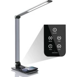 HOMFA Lampe De Lecture LED, 12W Tactile Et Pliable Lampe De Table Dimmable Avec 5 Modes D'Eclairage, 6 Niveaux De Luminosité, Chargement Sans Fil, Fonction De Minuterie Et Mémoire Avec USB Port, Noir