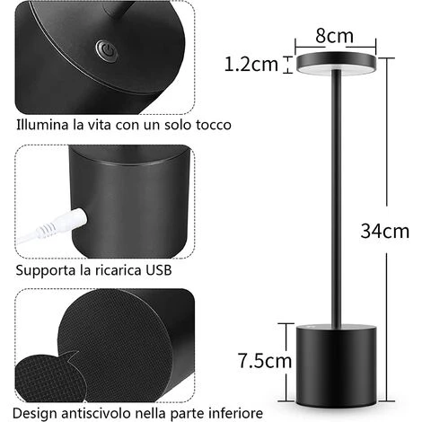 DEVENIRRICHE Lampe De Table Sans Fil, Batterie Rechargeable 6000 MAh, 2 Niveaux De Luminosité, Lampe De Chevet En Métal, Pour Salon, Chambre à Coucher, Bureau, Studio (noir) 2 DEVENIRRICHE Lampe De Table Sans Fil, Batterie Rechargeable 6000 MAh, 2 Niveaux De Luminosité, Lampe De Chevet En Métal, Pour Salon, Chambre à Coucher, Bureau, Studio (noir) – Image 2