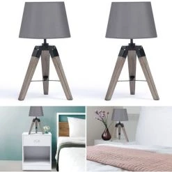 IDMARKET Lot De 2 Lampes De Chevet D'appoint HILDA Sur Pied En Bois Foncé Grises - Gris