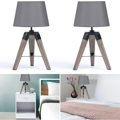 IDMARKET Lot De 2 Lampes De Chevet D'appoint HILDA Sur Pied En Bois Foncé Grises - Gris 1 IDMARKET Lot De 2 Lampes De Chevet D'appoint HILDA Sur Pied En Bois Foncé Grises - Gris