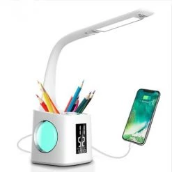 ZHUOXUAN Lampe De Bureau LED Eye-Caring Lampe De Table D'étude Port De Charge USB Lumière De L'atmosphère Nocturne Avec Porte Stylo/Écran Heure/Calendrier