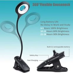 PERLE RARE 3W Lampe De Bureau LED Sans Fil Rechargeable, 28 LEDs, Lampe De Lit Tactile Avec Clip, 3 Couleur Et 3 Intensité, Petite Lampe De Lecture Pour Lire Au Lit Enfant, Portable Lampe Pince Noire [Classe énergétique A+] -Lampe Soldes Boutique 55607693 4