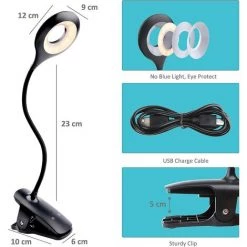 PERLE RARE 3W Lampe De Bureau LED Sans Fil Rechargeable, 28 LEDs, Lampe De Lit Tactile Avec Clip, 3 Couleur Et 3 Intensité, Petite Lampe De Lecture Pour Lire Au Lit Enfant, Portable Lampe Pince Noire [Classe énergétique A+] -Lampe Soldes Boutique 55607693 5
