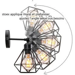 Applique Murale Diamant Intérieur Industriel Réglable En Métal , Stoex Vintage Éclairage Mural Cage E27, Luminaire Murale Max 60W Pour Chambre Cuisine Salle à Manger, Noir -Lampe Soldes Boutique 55909862 3