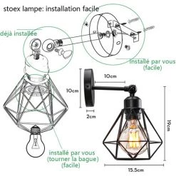 Applique Murale Diamant Intérieur Industriel Réglable En Métal , Stoex Vintage Éclairage Mural Cage E27, Luminaire Murale Max 60W Pour Chambre Cuisine Salle à Manger, Noir -Lampe Soldes Boutique 55909862 5