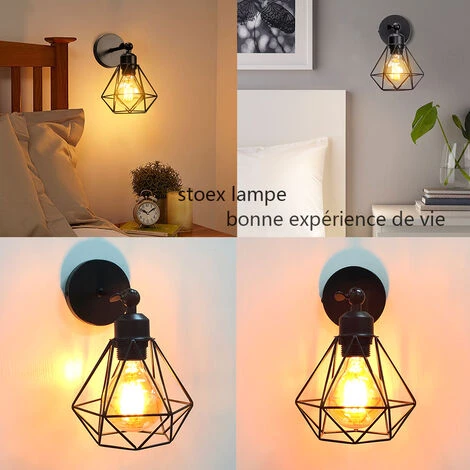 STOEX Lot De 2 Applique Murale Interieur Industrielle Réglable Cage Forme Diamant Vintage E27 Pour Salons Chambres Couloir Escaliers Noir 2 STOEX Lot De 2 Applique Murale Interieur Industrielle Réglable Cage Forme Diamant Vintage E27 Pour Salons Chambres Couloir Escaliers Noir – Image 2