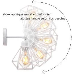 Applique Murale Diamant Intérieur Industriel Réglable En Métal , Stoex Vintage Éclairage Mural Cage E27, Luminaire Murale Max 60W Pour Chambre Cuisine Salle à Manger, Blanc -Lampe Soldes Boutique 55909971 3