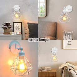 Applique Murale Diamant Intérieur Industriel Réglable En Métal , Stoex Vintage Éclairage Mural Cage E27, Luminaire Murale Max 60W Pour Chambre Cuisine Salle à Manger, Blanc -Lampe Soldes Boutique 55909971 4