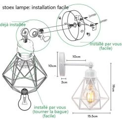 Applique Murale Diamant Intérieur Industriel Réglable En Métal , Stoex Vintage Éclairage Mural Cage E27, Luminaire Murale Max 60W Pour Chambre Cuisine Salle à Manger, Blanc -Lampe Soldes Boutique 55909971 5