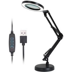 ASUPERMALL Lampe De Bureau A Bras Long Avec 64 Led, Grossissement 8X, Commutation De Temperature De Couleur 3 / Luminosite 10 Reglable, Alimentation Usb, Noir