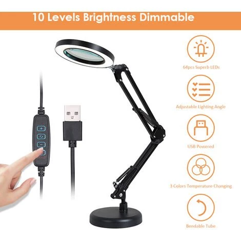 ASUPERMALL Lampe De Bureau A Bras Long Avec 64 Led, Grossissement 8X, Commutation De Temperature De Couleur 3 / Luminosite 10 Reglable, Alimentation Usb, Noir 2 ASUPERMALL Lampe De Bureau A Bras Long Avec 64 Led, Grossissement 8X, Commutation De Temperature De Couleur 3 / Luminosite 10 Reglable, Alimentation Usb, Noir – Image 2