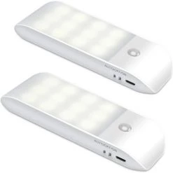 AOUGO Veilleuse [Lot De 2], 12 LED Rechargeables Par USB Avec Bande Adhésive Magnétique à Capteur De Mouvement, 3 Modes (auto/marche/arrêt) Pour Chambres, Escaliers