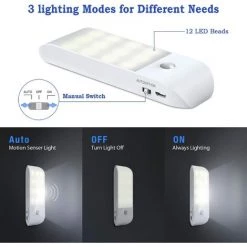 AOUGO Veilleuse [Lot De 2], 12 LED Rechargeables Par USB Avec Bande Adhésive Magnétique à Capteur De Mouvement, 3 Modes (auto/marche/arrêt) Pour Chambres, Escaliers -Lampe Soldes Boutique 58575823 5