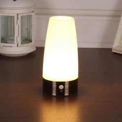 AOUGO Lampe De Table, Veilleuse LED Rétro, Lampe De Chevet Avec Capteur De Mouvement PIR Sans Fil, Nécessite 3 Piles AAA 1,5 V, Plastique, Lumière Blanche, Ronde