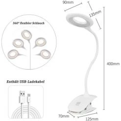 EINEMGELD LED Pince Lampe De Lecture Pince Avec Capteur Tactile Lit Lampe De Bureau Enfants 360° Flexible Col De Cygne Pince Lampe USB Rechargeable Lampe De Lecture Pour étude Travail Blanc