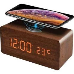 HEGUYEY Réveil De Charge Sans Fil, Horloge De Bureau LED En Bois Avec Température