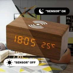 HEGUYEY Réveil De Charge Sans Fil, Horloge De Bureau LED En Bois Avec Température -Lampe Soldes Boutique 58839412 4