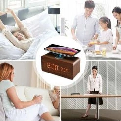 HEGUYEY Réveil De Charge Sans Fil, Horloge De Bureau LED En Bois Avec Température -Lampe Soldes Boutique 58839412 5