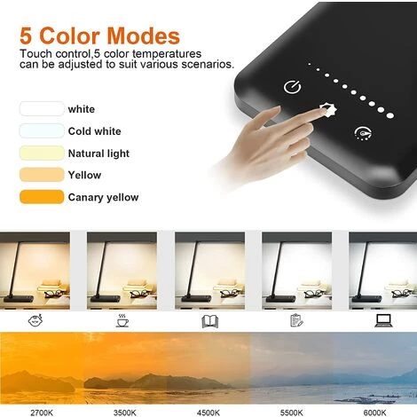EINEMGELD Lampe De Bureau LED, Lampes De Table Dimmable 10 Niveaux De Luminosité 5 Modes De Couleur, Contrôle Tactile Protection Des Yeux, Avec Port USB/Fonction Minuterie Pliable/Rotative 3 EINEMGELD Lampe De Bureau LED, Lampes De Table Dimmable 10 Niveaux De Luminosité 5 Modes De Couleur, Contrôle Tactile Protection Des Yeux, Avec Port USB/Fonction Minuterie Pliable/Rotative – Image 3
