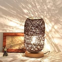 EINEMGELD Lampe De Chevet Moderne En Bambou Et Rotin - Lampe De Table Moderne Et Créative Avec Base En Bois - Décoration Personnalisée - Lampe Led à Intensité Variable - Lampe De Chevet Pour Salon