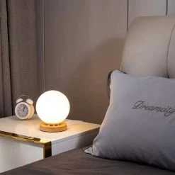EINEMGELD Lampe De Table En Bois, E27 Lampe De Table Décorative Lampe De Chevet Éclairage De Nuit Lumière Lampe De Bureau En Verre Forme De Ronde,pour Chambre,table De Chevet,chambre Bébé -Lampe Soldes Boutique 59659394 3