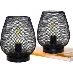 EINEMGELD 2 Metal Cage Table Lamp Battery Powered, Cordless Accent Light With LED Edison Style Bulb For Bedroom Home Weddings Parties Patio Indoors Outdoors(Egg Shape)