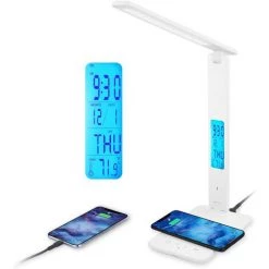 EINEMGELD Lampe De Bureau LED Avec Chargeur Sans Fil Et USB,Lampe De Bureau Réglable Flexible Contrôle Tactile,Affichage LCD Avec Fonctions Heure, Alarme Et Température(blanc)