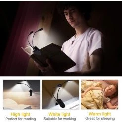 MINKUROW Lampe De Lecture Clipsable 14 LEDs 3 Couleurs 9 Modes Luminosité Réglable, Lampe Clip Veilleuse USB Rechargeable Sans Fil Portable Et Flexible Pour Travail Voyage Lecture De Nuit [Classe énergétique A+++] -Lampe Soldes Boutique 60014464 5