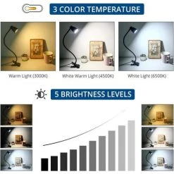 FLYME 14 LED Lampe De Bureau à Pince, 3 Couleur, 5 Luminosité Réglable, USB Lampe De Chevet Pince, Protection Des Yeux 360° Flexible Lampe De Lecture Pour Étude Et Travail [Classe énergétique A+] -Lampe Soldes Boutique 60061365 3