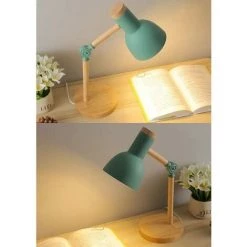 PESCE Lampe De Bureau Moderne En Bois - Douille E27- Abat-jour En Métal - Lampe De Table Rétro Avec Bras Articulé Réglable- Lampe De Chevet Vintage-lampe D'étude-lampe De Travail-lampe De Bureau-vert -Lampe Soldes Boutique 60169617 5
