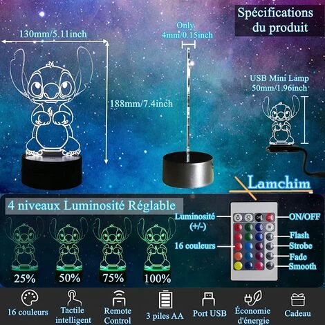 PESCE Stitch Lampe 3D Manga Veilleuse à LED, Stitch Lampe De Chevet Veilleuse 16 Couleurs Décoration De Lampe De Bureau 3D, Lampe De Nuit Pour Enfants à Distance Tactile Alimentée Par USB 4 PESCE Stitch Lampe 3D Manga Veilleuse à LED, Stitch Lampe De Chevet Veilleuse 16 Couleurs Décoration De Lampe De Bureau 3D, Lampe De Nuit Pour Enfants à Distance Tactile Alimentée Par USB – Image 4
