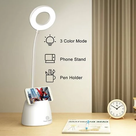 PESCE Lampe De Bureau LED, Lampe De Bureau Enfant Dimmable 3 Niveaux De Luminosité Protection Des Yeux Col De Cygne Contrôle Tactile Lampe De Bureau Sans Fil USB Recharge, Porte Stylo Téléphone 1 PESCE Lampe De Bureau LED, Lampe De Bureau Enfant Dimmable 3 Niveaux De Luminosité Protection Des Yeux Col De Cygne Contrôle Tactile Lampe De Bureau Sans Fil USB Recharge, Porte Stylo Téléphone