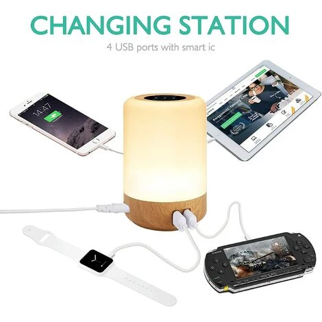 PESCE Lampe De Chevet USB Tactile, 4 Prises USB, Lampe Chambre Bois Pour Adultes, Lampe De Table Connectée Veilleuse Couleur RGB Pour Enfant, Minuterie éteinte (EU Plug) 4 PESCE Lampe De Chevet USB Tactile, 4 Prises USB, Lampe Chambre Bois Pour Adultes, Lampe De Table Connectée Veilleuse Couleur RGB Pour Enfant, Minuterie éteinte (EU Plug) – Image 4